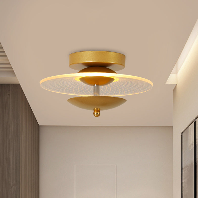 Round Acrylic Semi Flush LED Ceiling Light in Black/Gold Finish - Contemporary Warm/White Lighting for Corridor