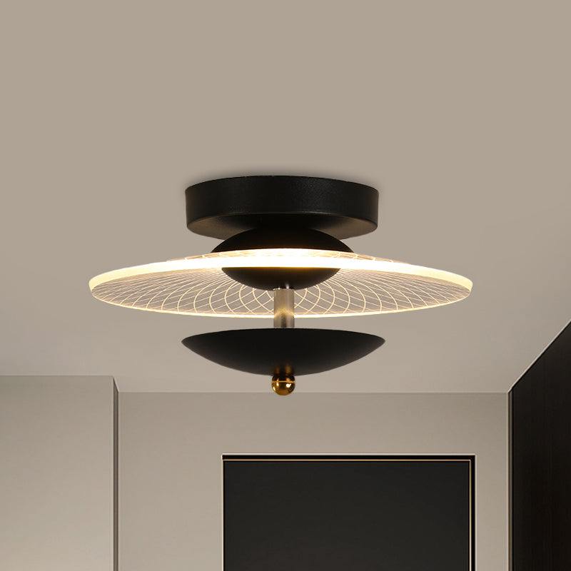 Round Acrylic Semi Flush LED Ceiling Light in Black/Gold Finish - Contemporary Warm/White Lighting for Corridor