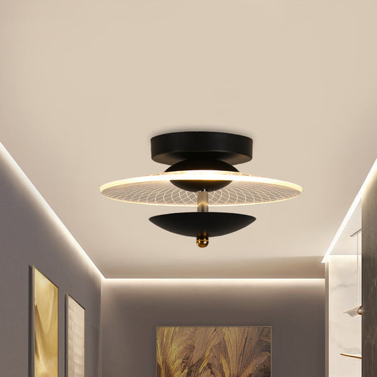 Round Acrylic Semi Flush LED Ceiling Light in Black/Gold Finish - Contemporary Warm/White Lighting for Corridor