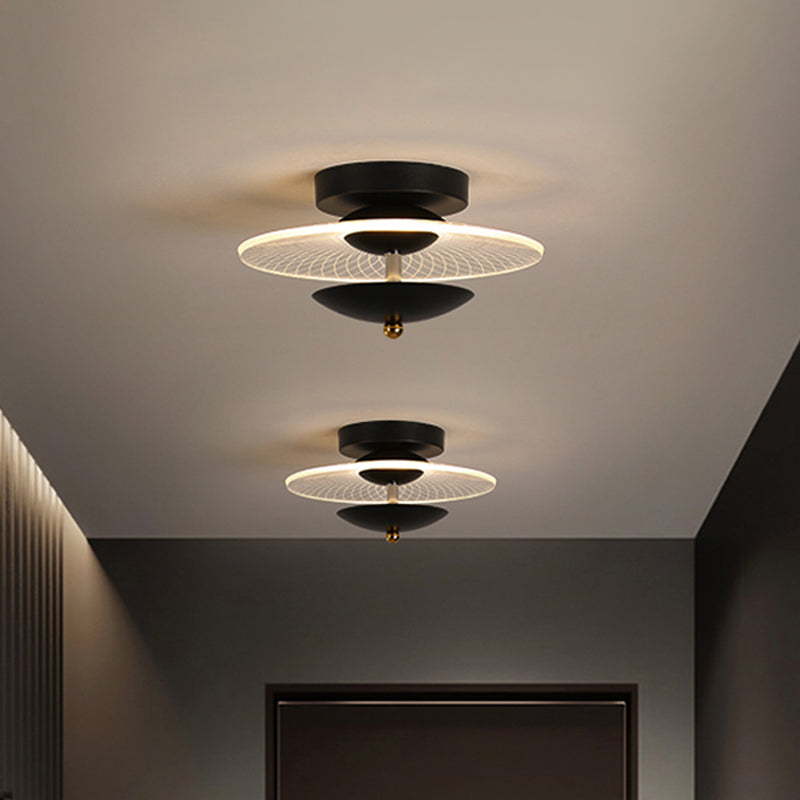 Round Acrylic Semi Flush LED Ceiling Light in Black/Gold Finish - Contemporary Warm/White Lighting for Corridor