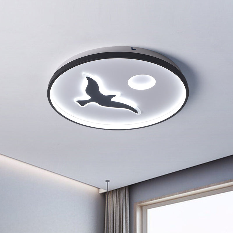 Nordic Style Rounded Metal Flush Light - LED Black Flush Mount with Bird and Sun Pattern in Warm/White Light (16.5"/20.5"/24.5" Wide)