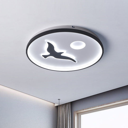 Nordic Style Rounded Metal Flush Light - Led Black Mount With Bird And Sun Pattern In Warm/White