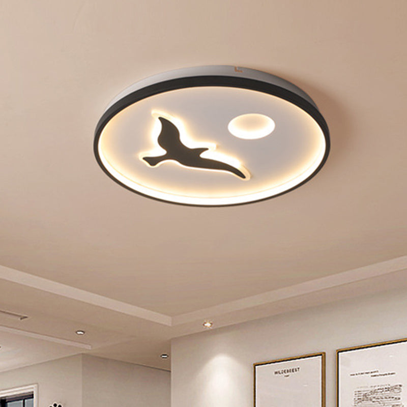 Nordic Style Rounded Metal Flush Light - LED Black Flush Mount with Bird and Sun Pattern in Warm/White Light (16.5"/20.5"/24.5" Wide)