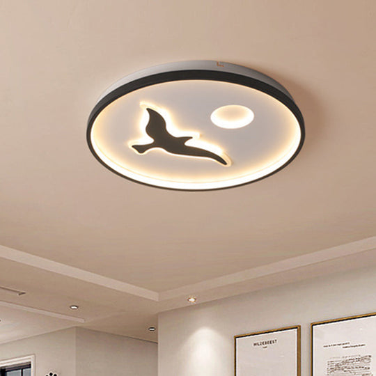 Nordic Style Rounded Metal Flush Light - LED Black Flush Mount with Bird and Sun Pattern in Warm/White Light (16.5"/20.5"/24.5" Wide)