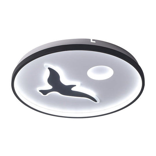 Nordic Style Rounded Metal Flush Light - LED Black Flush Mount with Bird and Sun Pattern in Warm/White Light (16.5"/20.5"/24.5" Wide)