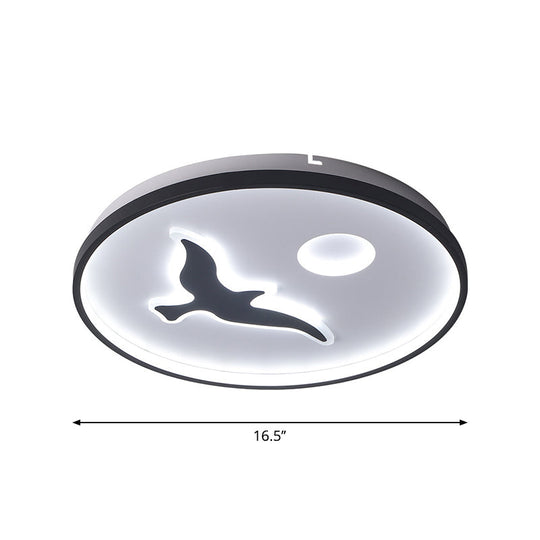 Nordic Style Rounded Metal Flush Light - LED Black Flush Mount with Bird and Sun Pattern in Warm/White Light (16.5"/20.5"/24.5" Wide)