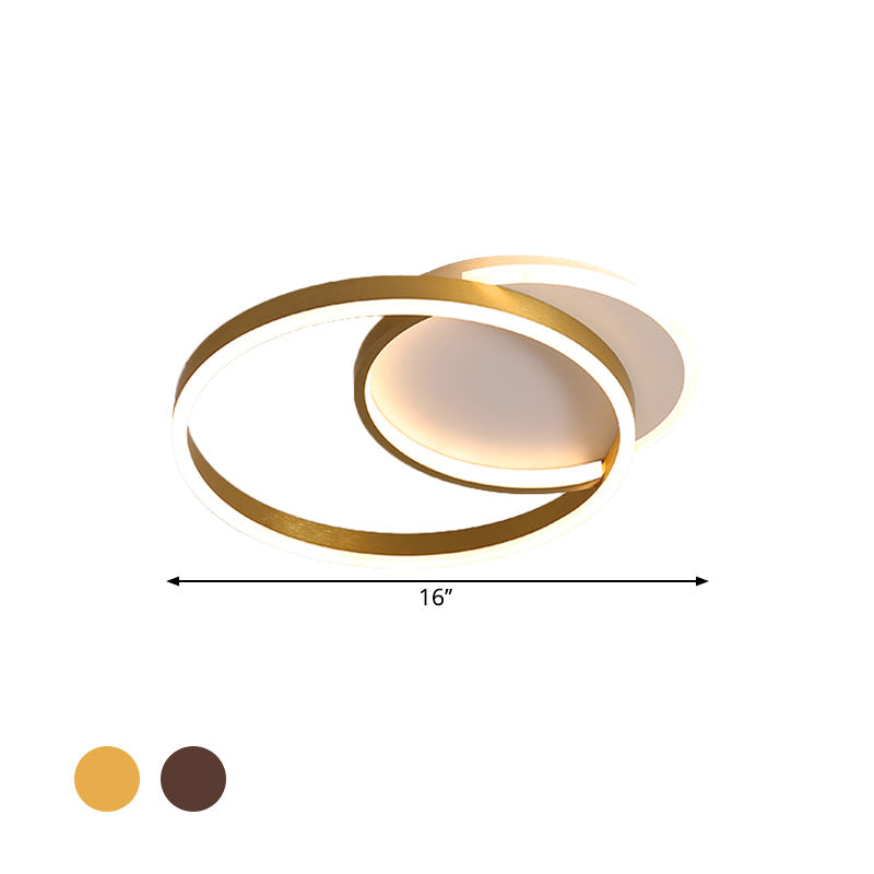 Modern Gold/Coffee Double Hoop Flush Ceiling Light - Led Metallic Mount Fixture (16/19 Width) For