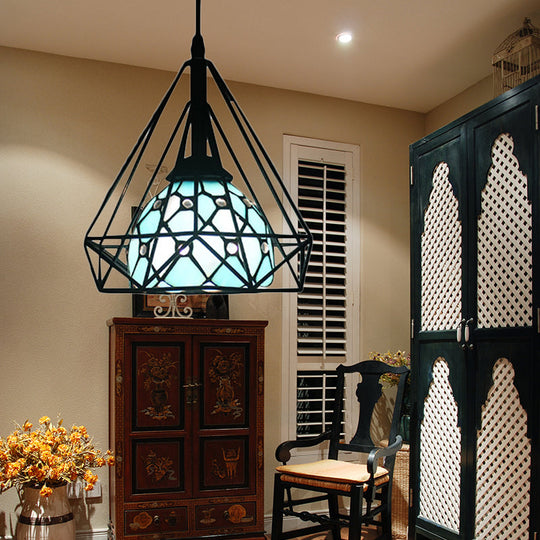 Diamond Cage Hanging Pendant Light with Tiffany Style Blue/White Dome Shade