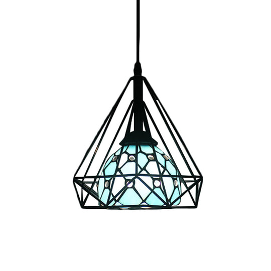 Diamond Cage Hanging Pendant Light with Tiffany Style Blue/White Dome Shade