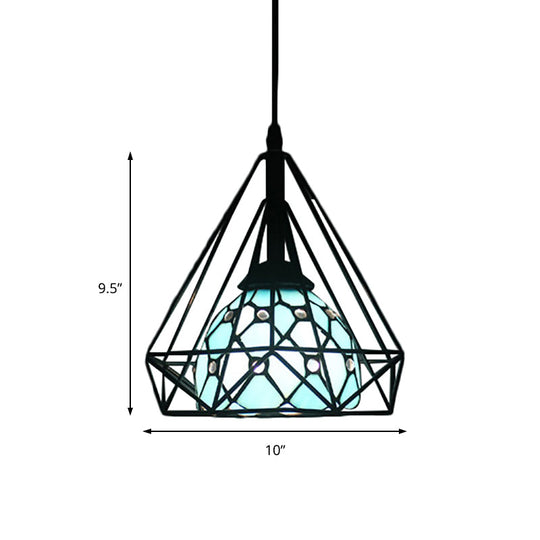 Diamond Cage Hanging Pendant Light with Tiffany Style Blue/White Dome Shade