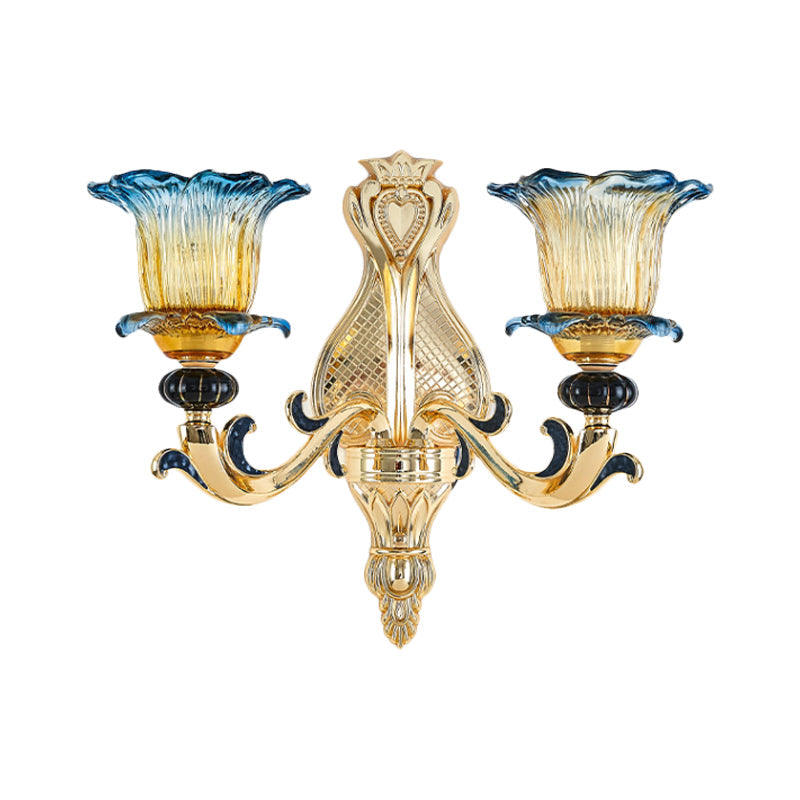 Antiqued Gold Flower Wall Sconce With Clear Ruffle Glass Bulbs - Curved Arm Mounted Lamp