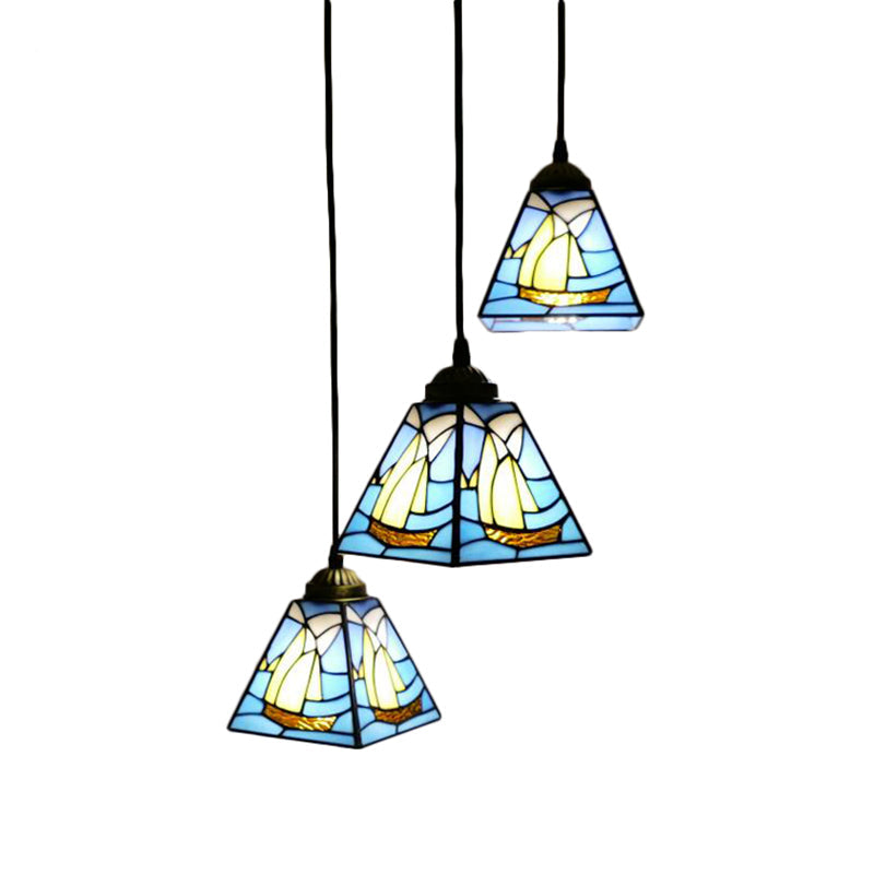 Blue Stained Glass Conical Tiffany Hanging Lamp - Mini Cluster Pendant with 3 Bulbs for Living Room