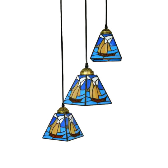 Blue Stained Glass Conical Tiffany Hanging Lamp - Mini Cluster Pendant with 3 Bulbs for Living Room