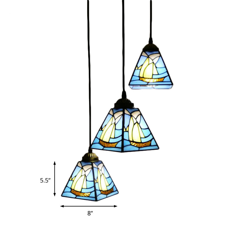 Blue Stained Glass Conical Tiffany Hanging Lamp - Mini Cluster Pendant with 3 Bulbs for Living Room