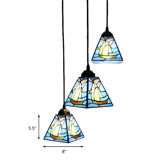 Blue Stained Glass Conical Tiffany Hanging Lamp - Mini Cluster Pendant with 3 Bulbs for Living Room