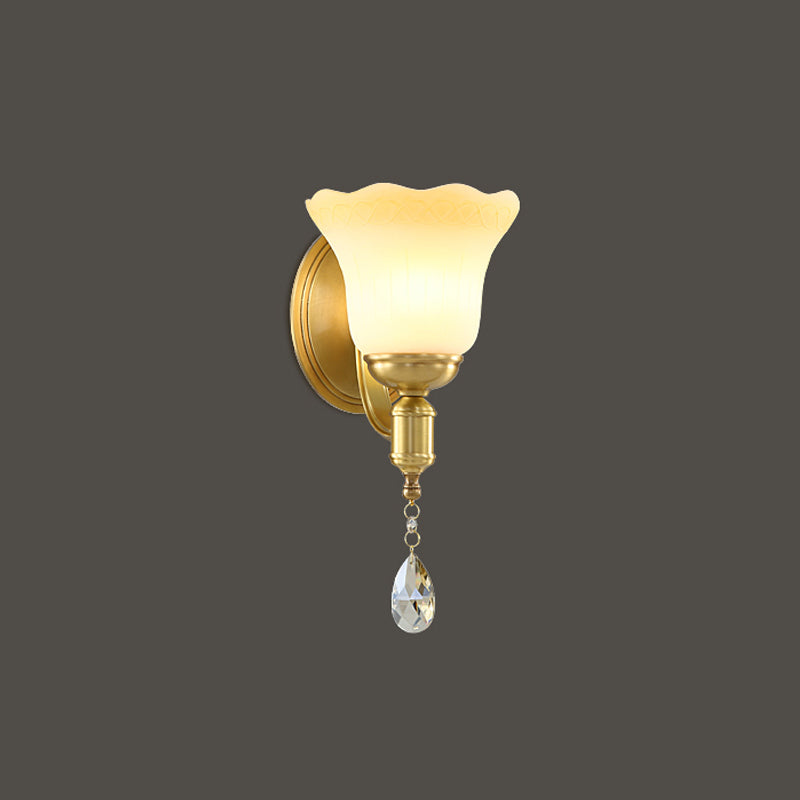 Retro Style 1/2-Head Gold Wall Lamp With Crystal Drop - Blossom Opaque Glass Lighting