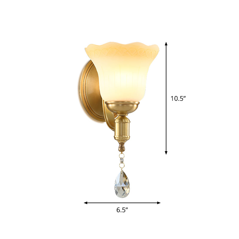 Retro Style 1/2-Head Gold Wall Lamp With Crystal Drop - Blossom Opaque Glass Lighting