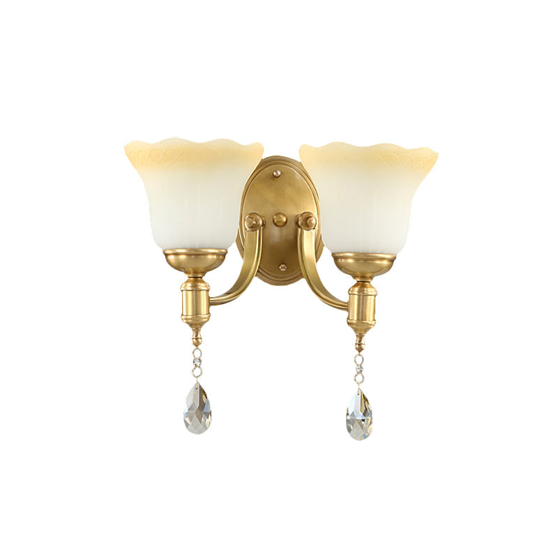 Retro Style 1/2-Head Gold Wall Lamp With Crystal Drop - Blossom Opaque Glass Lighting