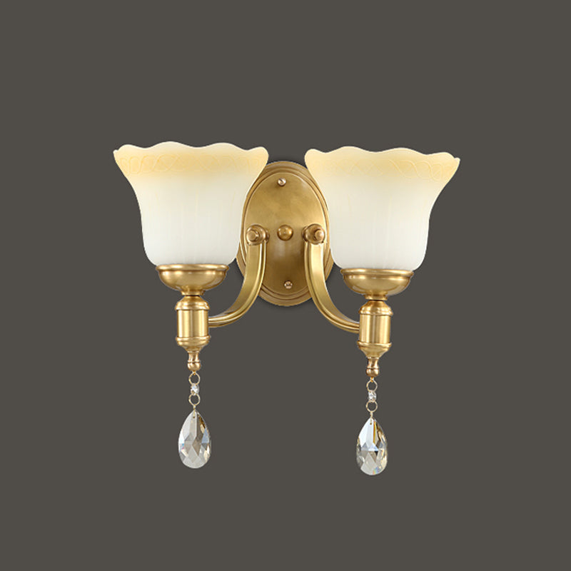 Retro Style 1/2-Head Gold Wall Lamp With Crystal Drop - Blossom Opaque Glass Lighting