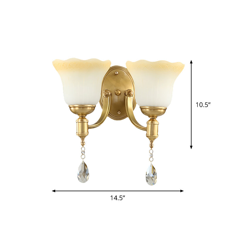 Retro Style 1/2-Head Gold Wall Lamp With Crystal Drop - Blossom Opaque Glass Lighting