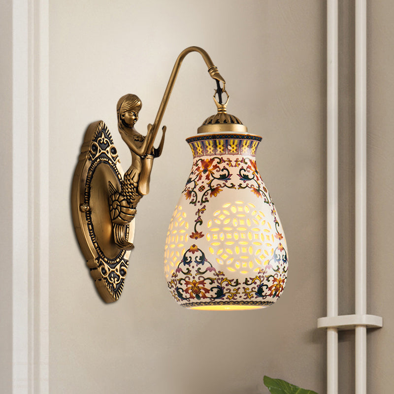 Antique Brass Ceramic Wall Sconce With Pierced Jar Traditional Patterned Design And Small Mermaid