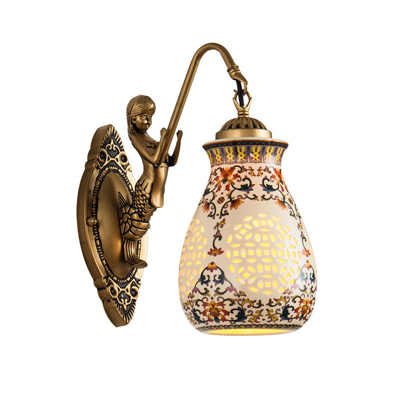 Antique Brass Ceramic Wall Sconce With Pierced Jar Traditional Patterned Design And Small Mermaid