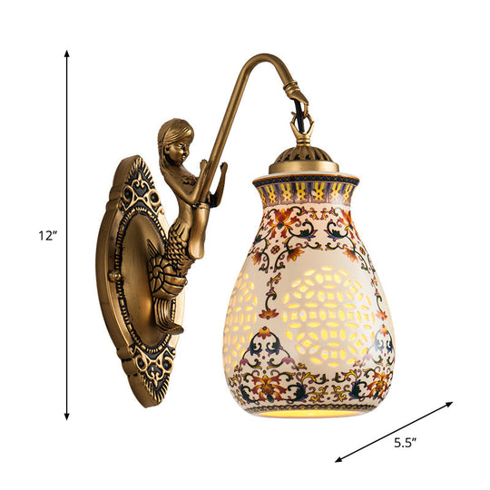 Antique Brass Ceramic Wall Sconce With Pierced Jar Traditional Patterned Design And Small Mermaid