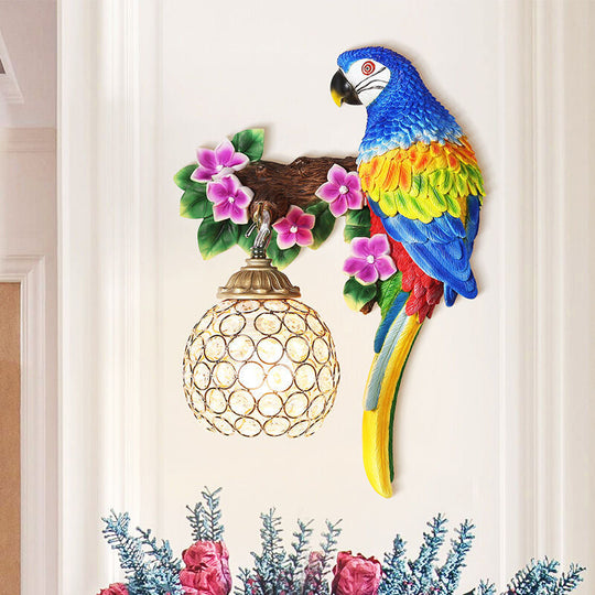 Antiqued Single Light Wall Sconce With Resin Parrot Design - Drawing Room Floral Lighting Idea In