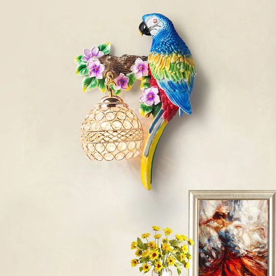 Antiqued Single Light Wall Sconce With Resin Parrot Design - Drawing Room Floral Lighting Idea In