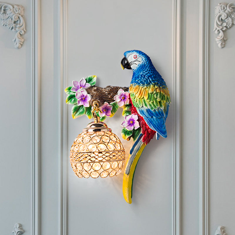 Antiqued Single Light Wall Sconce With Resin Parrot Design - Drawing Room Floral Lighting Idea In