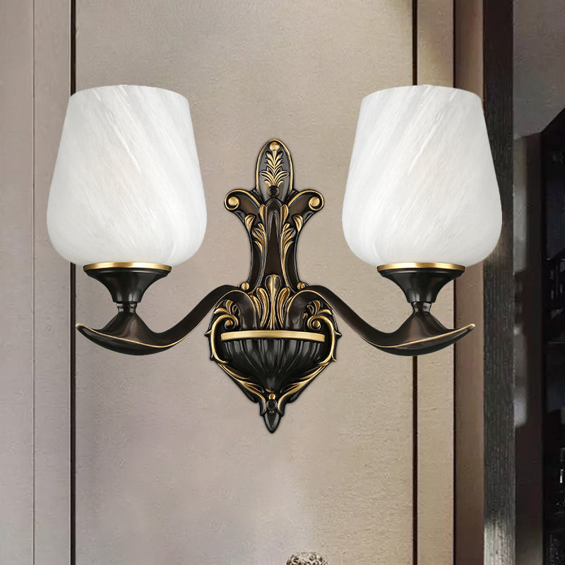 Traditional Bedside Wall Lamp: Milky Glass Cup-Like 1/2-Light Fixture In Black And Gold 2 /