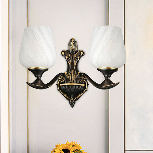 Traditional Bedside Wall Lamp: Milky Glass Cup-Like 1/2-Light Fixture In Black And Gold