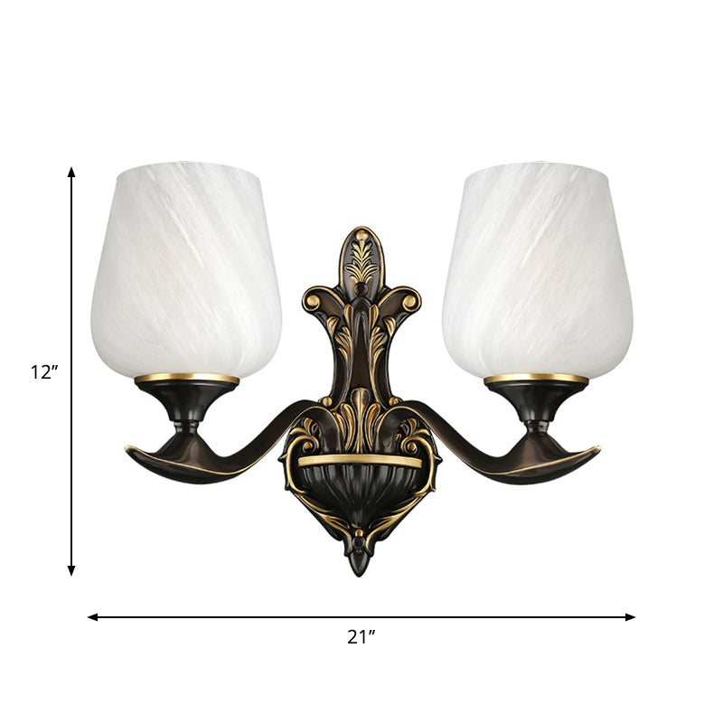 Traditional Bedside Wall Lamp: Milky Glass Cup-Like 1/2-Light Fixture In Black And Gold