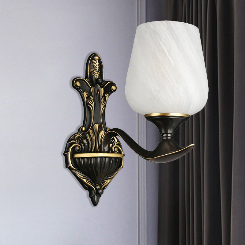 Traditional Bedside Wall Lamp: Milky Glass Cup-Like 1/2-Light Fixture In Black And Gold