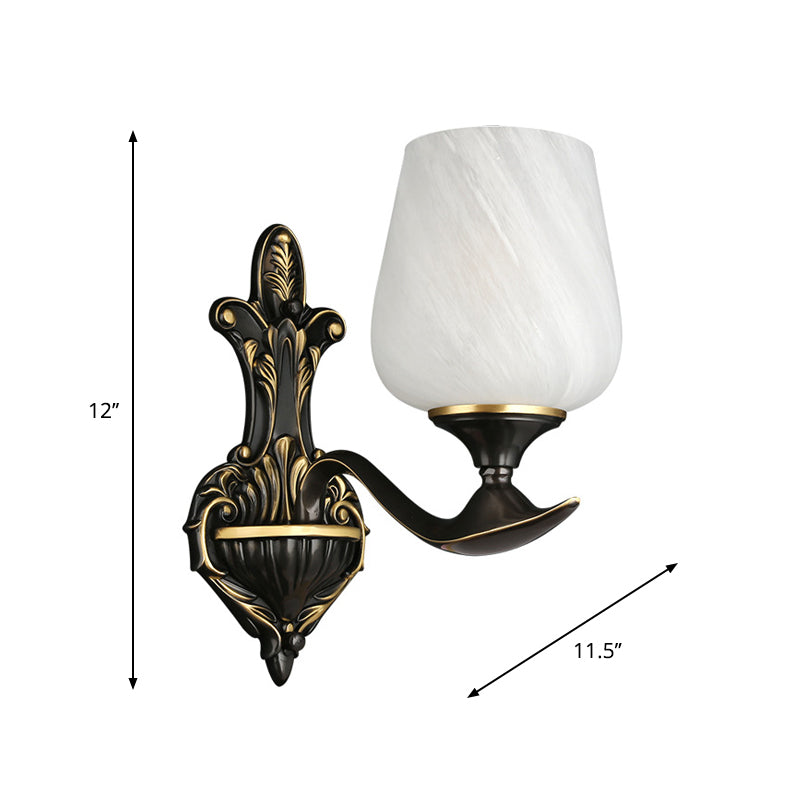 Traditional Bedside Wall Lamp: Milky Glass Cup-Like 1/2-Light Fixture In Black And Gold