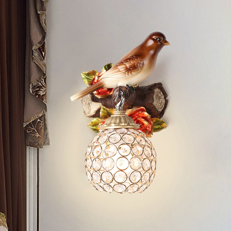 Retro Style Brown Wall Lamp With Crystal Encrusted Bubble Bird Design Single Bulb Left/Right Mount