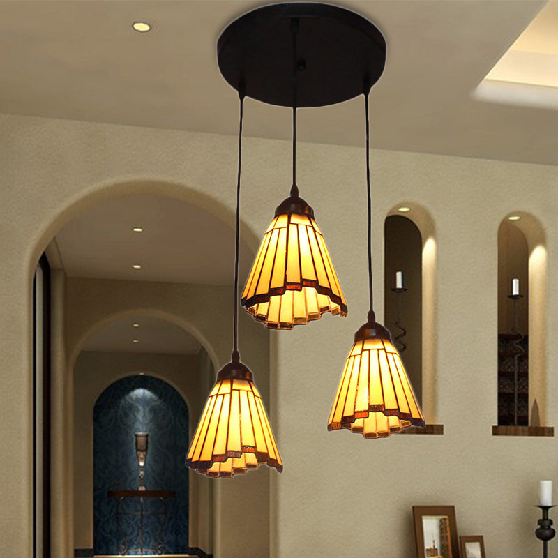 Stained Glass Tiffany-Style Pendant Light With Conical Cluster Design - 3 Bulbs Beige Perfect For