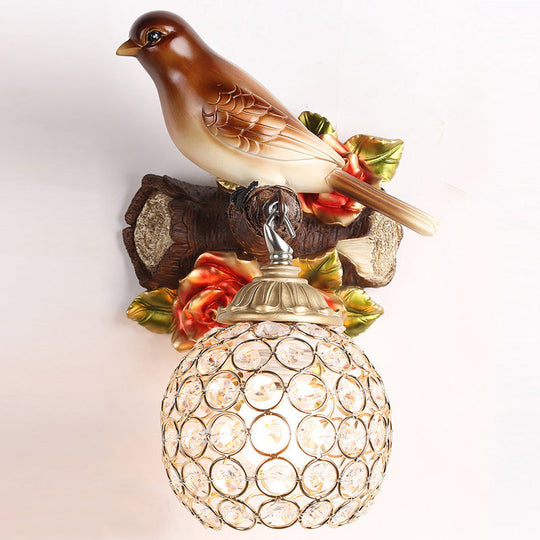 Retro Style Brown Wall Lamp With Crystal Encrusted Bubble Bird Design Single Bulb Left/Right Mount