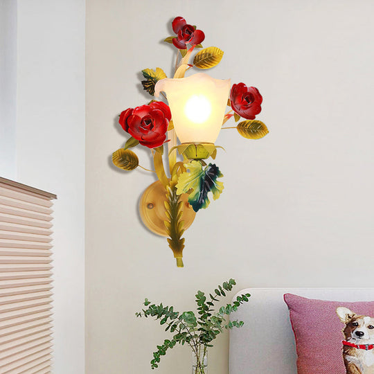 Milky Glass Blossom Wall Sconce Lamp With Yellow 1/2 Heads & Rose Decor - Country Lighting 1 /