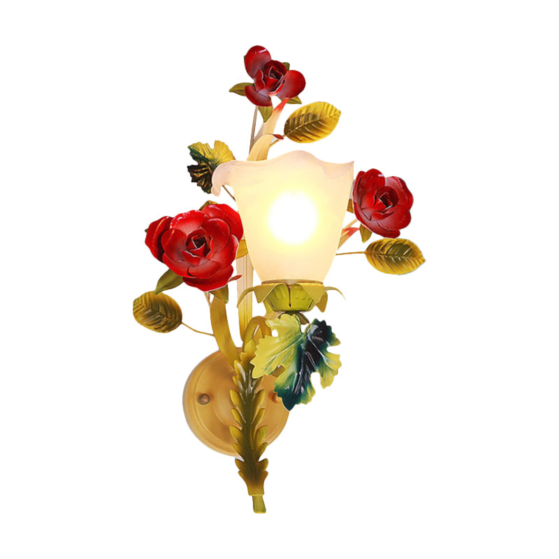 Milky Glass Blossom Wall Sconce Lamp With Yellow 1/2 Heads & Rose Decor - Country Lighting