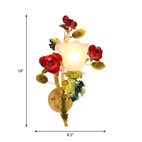 Milky Glass Blossom Wall Sconce Lamp With Yellow 1/2 Heads & Rose Decor - Country Lighting