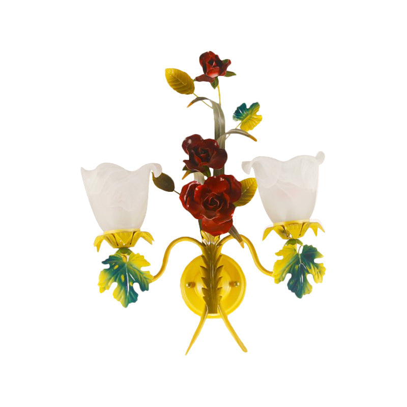 Milky Glass Blossom Wall Sconce Lamp With Yellow 1/2 Heads & Rose Decor - Country Lighting