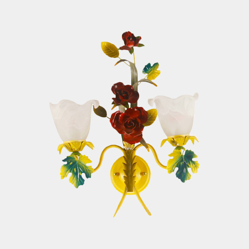 Milky Glass Blossom Wall Sconce Lamp With Yellow 1/2 Heads & Rose Decor - Country Lighting