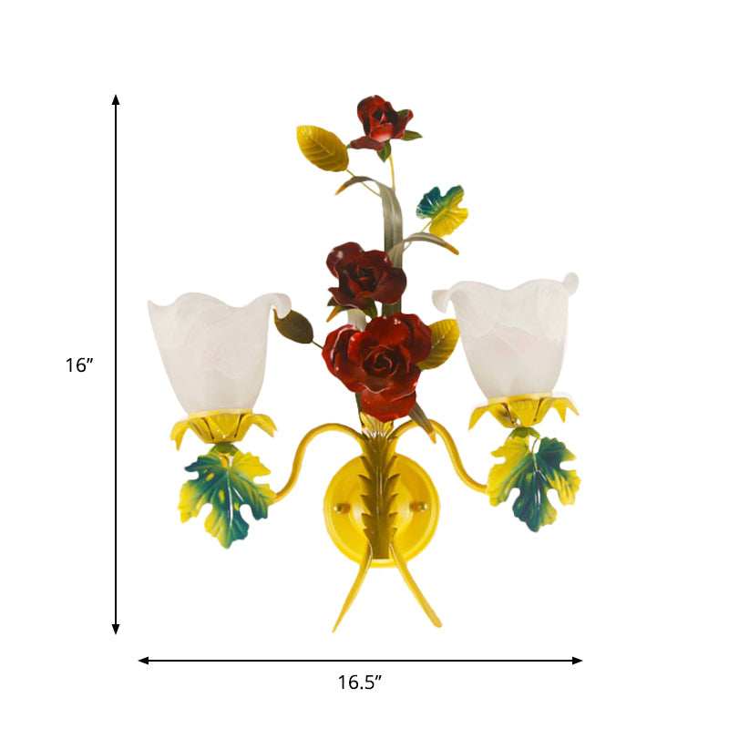 Milky Glass Blossom Wall Sconce Lamp With Yellow 1/2 Heads & Rose Decor - Country Lighting