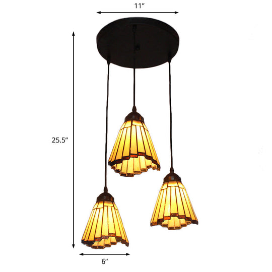 Stained Glass Tiffany-Style Pendant Light With Conical Cluster Design - 3 Bulbs Beige Perfect For