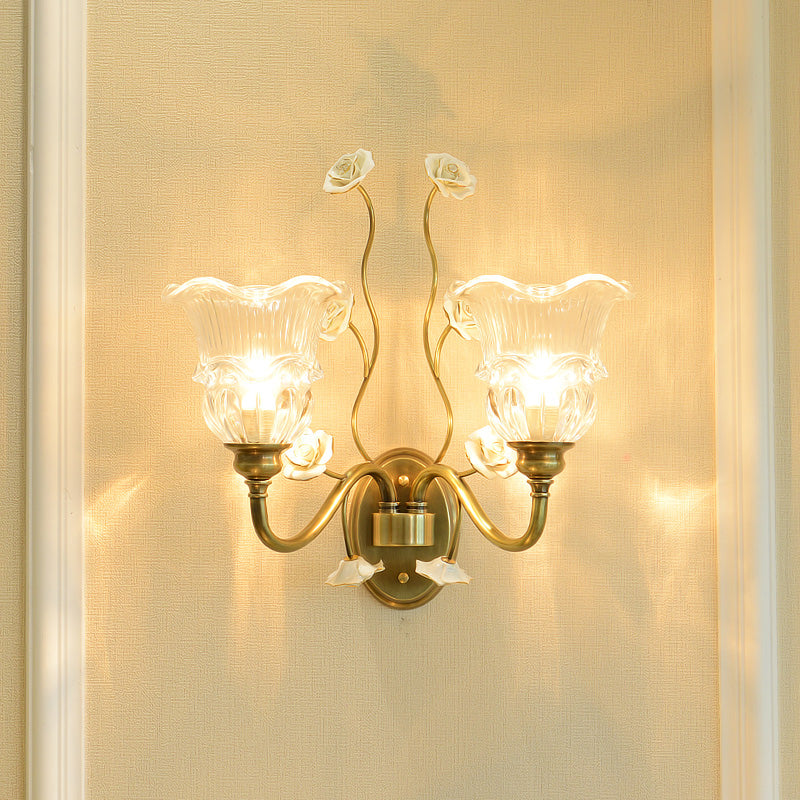 Clear Glass Floral Sconce Retro Style Wall Light With Ruffled Tiers In White 2 /