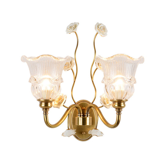 Clear Glass Floral Sconce Retro Style Wall Light With Ruffled Tiers In White