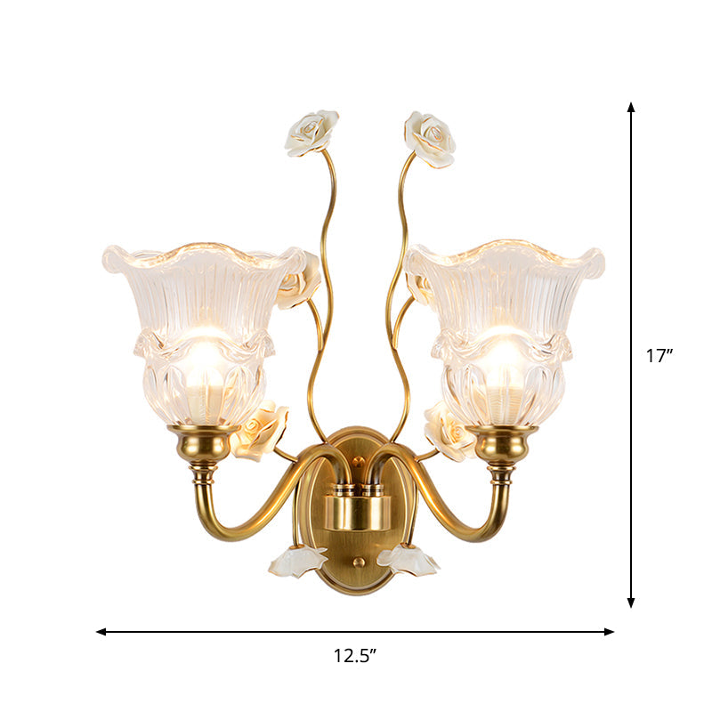 Clear Glass Floral Sconce Retro Style Wall Light With Ruffled Tiers In White