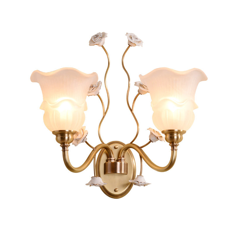 Clear Glass Floral Sconce Retro Style Wall Light With Ruffled Tiers In White