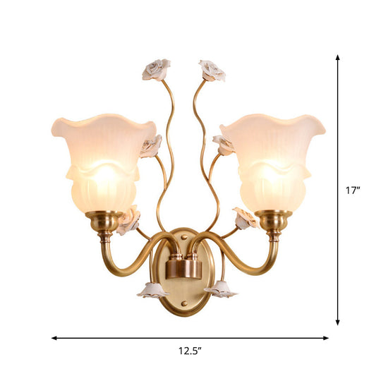 Clear Glass Floral Sconce Retro Style Wall Light With Ruffled Tiers In White